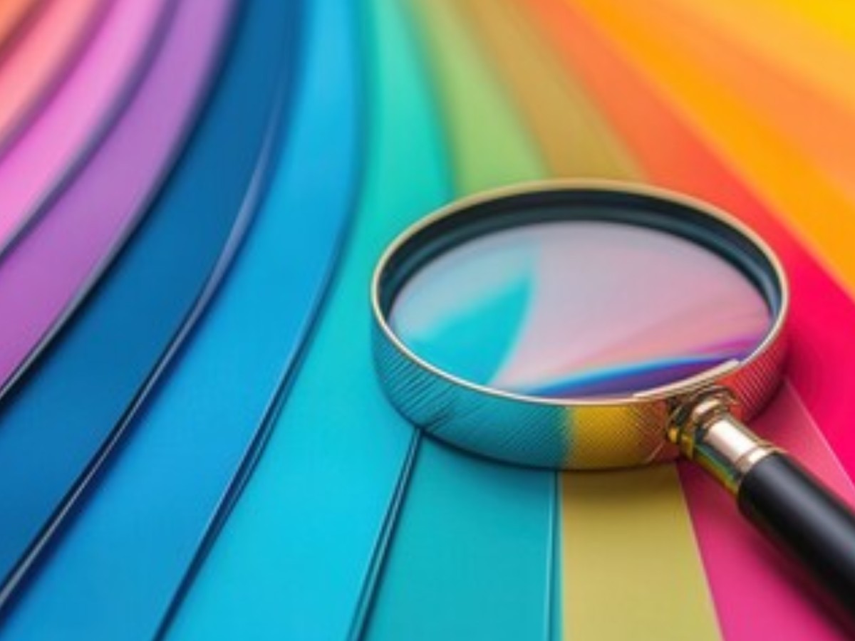 A silver magnifying glass lies on a spectrum of colorful swatches, including blue, green, and pink. The image conveys a sense of exploration and curiosity.
