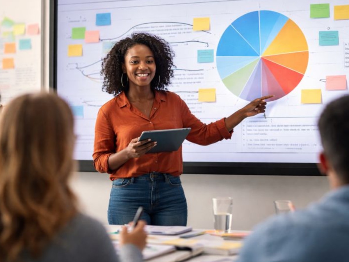 A woman in an orange shirt smiles while presenting data with a colorful pie chart on a screen. She holds a tablet and points at the chart, conveying confidence.