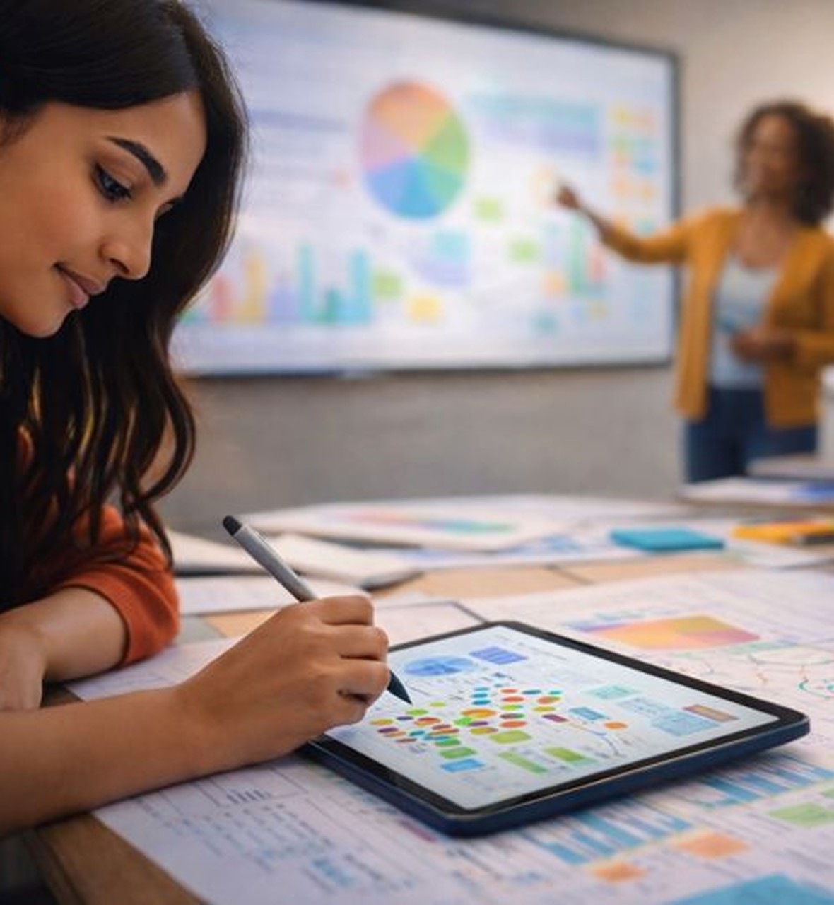 A woman analyzes data on a tablet with colorful charts. In the background, another person gestures at a screen displaying graphs. The mood is focused.