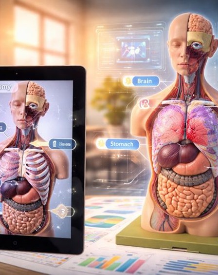 Anatomy model and a tablet displaying a digital version with labels for brain and stomach. Bright, educational tone with focus on human anatomy.