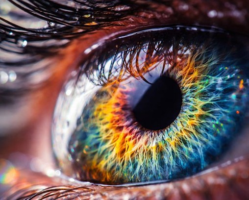 Close-up of a vibrant human eye, featuring bright blue, green, and orange flecks around the pupil. Eyelashes are visible, adding depth and detail.