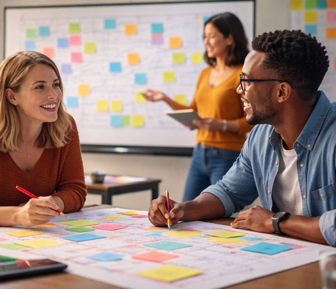 Three colleagues collaborate in a bright office, discussing colorful sticky notes on a table. A whiteboard filled with notes is in the background.